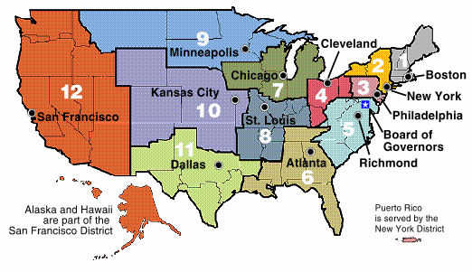 Map of the United States showing Federal Reserve Districts with links from Federal Reserve Banks