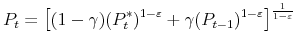 \displaystyle P_{t}=\left[ (1-\gamma )(P_{t}^{\ast })^{1-\varepsilon }+\gamma (P_{t-1})^{1-\varepsilon }\right] ^{\frac{1}{1-\varepsilon }}