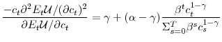 \displaystyle \frac{-c_{t}\partial^{2}E_{t}\mathcal{U}/(\partial c_{t})^{2}}{\partial E_{t}\mathcal{U}/\partial c_{t}}=\gamma+(\alpha-\gamma)\frac{\beta^{t}% c_{t}^{1-\gamma}}{\Sigma_{s=0}^{T}\beta^{s}c_{s}^{1-\gamma}}%