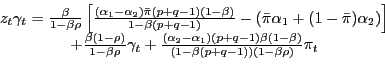 \begin{displaymath} \begin{array}[c]{c} z_{t} \gamma_{t} =\frac{\beta}{1-\beta\r... ...(1-\beta)}{(1-\beta(p+q-1))(1-\beta\rho)}\pi_{t}\ \end{array}\end{displaymath}
