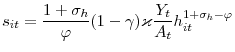 \displaystyle s_{it}=\frac{1+\sigma_{h}}{\varphi}(1-\gamma)\varkappa\frac{Y_{t}}{A_{t} }h_{it}^{1+\sigma_{h}-\varphi}