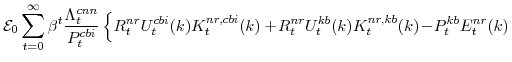 \displaystyle \mathcal{E}_{0}\sum_{t=0}^{\infty} \beta^{t} \frac{\Lambda^{cnn}_{t}}{P^{cbi}_{t}} \left\{R_{t}^{nr}U^{cbi}_{t}(k)K^{nr,cbi}_{t}(k) +\!R_{t}^{nr}U^{kb}_{t}(k)K^{nr,kb}_{t}(k)\!-\!P^{kb}_{t}E^{nr}_{t}(k) \right.