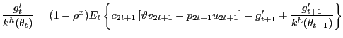 $\displaystyle \frac{g^{\prime}_{t}}{k^{h}(\theta_{t})} = (1-\rho^{x}) E_{t} \left\{ c_{2t+1} \left[ \vartheta v_{2t+1} - p_{2t+1} u_{2t+1} \right] - g^{\prime }_{t+1} + \frac{g^{\prime}_{t+1}}{k^{h}(\theta_{t+1})} \right\}$
