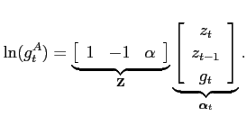 $\displaystyle \ln(g_t^A)=\underbrace{\left[ \begin{array}{c c c} 1& -1 &\alpha\end{array}\right]}_{\textbf{Z}} \underbrace{\left[ \begin{array}{c} z_t \\ z_{t-1}\\ g_t \end{array}\right]}_{\boldsymbol{\alpha}_t}.$