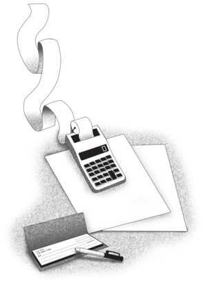 Illustration of a calculator, checkbook, and papers