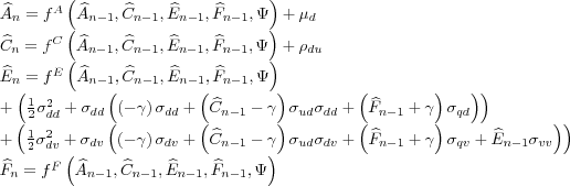 \begin{align*} \widehat{A}_{n} & =f^{A}\left( \widehat{A}_{n-1},\widehat{C}_{n-1... ...,\widehat{C}_{n-1} ,\widehat{E}_{n-1},\widehat{F}_{n-1},\Psi\right) \end{align*}