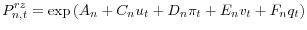 \displaystyle P_{n,t}^{rz}=\exp\left( A_{n}+C_{n}u_{t}+D_{n}\pi_{t}+E_{n}v_{t}+F_{n}% q_{t}\right)