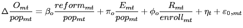 LaTex Encoded Math: \displaystyle \Delta \frac{O_{mt}}{pop_{mt}}=\beta _{o}\frac{reform_{mt}}{pop_{... ...}+\phi _{o}\frac{R_{mt}}{enroll_{mt}^{{}}}+\eta _{t}+\varepsilon _{0},_{mt} 