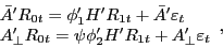 \begin{displaymath} \begin{array}{l} {\bar {A}}'R_{0t} ={\phi }'_1 {H}'R_{1t} +{\bar {A}}'\varepsilon _t \ {A}'_\bot R_{0t} =\psi {\phi }'_2 {H}'R_{1t} +{A}'_\bot \varepsilon _t \ \end{array}, \end{displaymath}