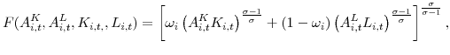 \displaystyle % F(A_{i,t}^{K},A_{i,t}^{L},K_{i,t,},L_{i,t})=\left[ \omega_{i}\left( A_{i,t}^{K}K_{i,t}\right) ^{\frac{\sigma-1}{\sigma}}+(1-\omega_{i})\left( A_{i,t}^{L}L_{i,t}\right) ^{\frac{\sigma-1}{\sigma}}\right] ^{\frac{\sigma }{\sigma-1}}% , 