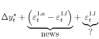 \displaystyle \Delta y_t^\star + \underbrace{\left(\varepsilon_{t}^{1,a}-\varepsilon_{t}^{1,l}\right)}_{\mbox{news}} + \underbrace{\varepsilon_{t}^{1,l}}_{\mbox{?}}