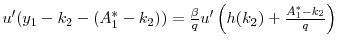  u'(y_1 - k_2 - (A_1^* - k_2)) = \frac{\beta}{q} u' \left (h(k_2) + \frac{A_1^* - k_2}{q} \right )