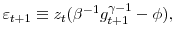 \varepsilon _{t+1}\equiv z_{t}(\beta^{-1}g_{t+1}^{\gamma-1}-\phi),