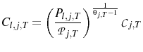 \displaystyle C_{l,j,T}=\left(\frac{P_{l,j,T}}{\mathcal{P}_{j,T}}\right)^{\frac{1}{\theta_{j,T}-1}}\mathcal{C}_{j,T} 