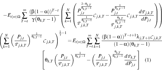\begin{multline} -E_{t\vert s\in\Omega}\sum_{T=t}^{\infty}\frac{(\beta(1-\alpha... ...,T}}{\theta_{k,T}-1}}\frac{d\mathcal{P}_{k,T}}{d P_{j,t}}\right] \end{multline}