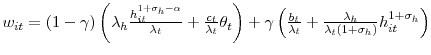  w_{it}=(1-\gamma)\left( \lambda_{h}\frac{h_{it}^{1+\sigma_{h}-\alpha}}{\lambda_{t}}+\frac{c_{t} }{\lambda_{t}}\theta_{t}\right) +\gamma\left( \frac{b_{t}}{\lambda_{t} }+\frac{\lambda_{h}}{\lambda_{t}\left( 1+\sigma_{h}\right) }h_{it} ^{1+\sigma_{h}}\right) 