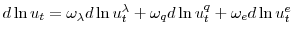  d\ln u_{t}=\omega_{\lambda}d\ln u_{t}^{\lambda}% +\omega_{q}d\ln u_{t}^{q}+\omega_{e}d\ln u_{t}^{e}