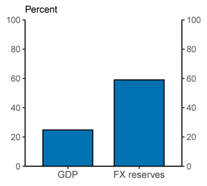 Figure 1. U.S. share of world GDP vs. U.S. dollar share of international reserves. See accessible link for data.