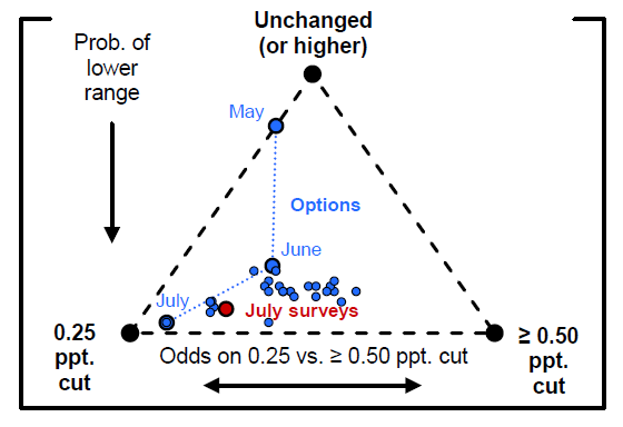 Figure 6: Option- and Survey-Implied Policy Rate Probabilities for July 2019 Meeting. See accessible link for data description.