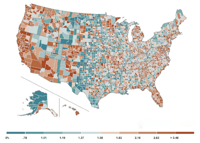 Figure 2: County-level Household Debt-to-Income Ratios in 2006:Q4. See accessible version link for accessible data.