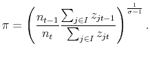 \displaystyle \pi = \left ( \frac{n_{t-1}}{n_t} \frac{\sum_{j \in I} z_{j t-1}}{\sum_{j \in I} z_{jt}} \right)^{\frac{1}{\sigma-1}}. 