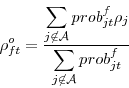 \begin{displaymath} \rho^o_{ft} = \frac{\displaystyle \sum_{j \not\in {\cal A}} prob_{jt}^f\rho_{j}}{\displaystyle \sum_{j \not\in {\cal A}} prob_{jt}^f} \end{displaymath}
