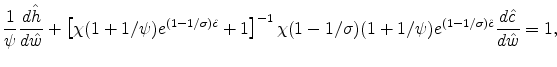 \displaystyle \frac{1}{\psi}\frac{d\hat{h}}{d\hat{w}}+\left[\chi(1+1/\psi)e^{(1-1/\sigma)\hat{c}}+1\right]^{-1} \chi(1-1/\sigma)(1+1/\psi)e^{(1-1/\sigma)\hat{c}}\frac{d\hat{c}}{d\hat{w}}=1,