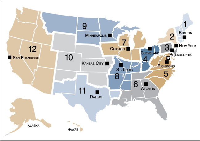 Map of the Federal Reserve System with links to the Federal Reserve District maps