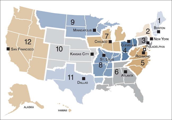U.S. map showing the boundaries and cities of the Federal Reserve Districts