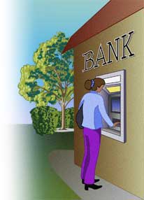 Ilustraci�n de una mujer usando el cajero autom�tico de un banco