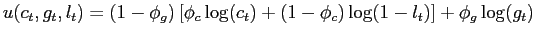 $\displaystyle u(c_{t},g_{t},l_{t})=(1-\phi_{g})\left[ \phi_{c}\log(c_{t})+(1-\phi_{c} )\log(1-l_{t})\right] + \phi_{g}\log(g_{t})$