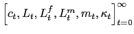 $ \left[ c_{t},L_{t},L_{t}^{f},L_{t}^{m},m_{t} ,\kappa_{t}\right] _{t=0}^{\infty}$