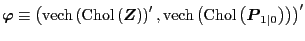 $ \boldsymbol{\varphi} \equiv\left( \text{vech}\left( \text{Chol} \left( \boldsymbol{Z}\right) \right) ^{\prime},\text{vech}\left( \text{Chol}\left( \boldsymbol{P}_{1\vert}\right) \right) \right) ^{\prime}$