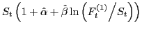 $ S_{t} \left(1+\hat{\alpha }+\hat{\beta }\ln \left({F_{t}^{(1)} \mathord{\left/ {\vphantom {F_{t}^{\eqref{GrindEQ__1_}} S_{t} }} \right. \kern-\nulldelimiterspace} S_{t} } \right)\right)$