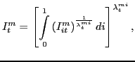 $\displaystyle I_{t}^{m}=\left[ \overset{1}{\underset{0}{\int}}\left( I_{it} ^{m}\right) ^{\frac{1}{\lambda_{t}^{_{mi}}}}di\right] ^{\lambda_{t}^{mi}},$
