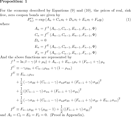 \begin{proposition} % latex2html id marker 406\singlespacing For the economy d... ...n*}and $A_{0}=C_{0}=E_{0}=F_{0}=0.$ (Proof in Appendix). \end{proposition}