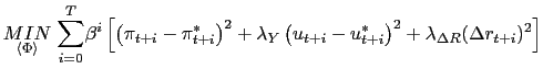 LaTex Encoded Math: \displaystyle \underset{\langle\Phi\rangle}{MIN}\;% {LaTex Encoded Math: \displaystyle\sum\limits_{i=0}^{T}} \beta^{i}\left[ \left( \pi_{t+i}-\pi_{t+i}^{\ast}\right) ^{2}+\lambda _{Y}\left( u_{t+i}-u_{t+i}^{\ast}\right) ^{2}+\lambda_{\Delta R}(\Delta r_{t+i})^{2}\right] 