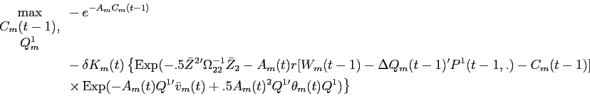 \begin{displaymath}\begin{split}\max_{\begin{array}{c}C_{m}(t-1),\\ Q^{1}_{m} \end{array}} & -e^{-A_{m} C_{m}(t-1)} \\ & - \delta K_{m}(t) \left \{ \operatorname{Exp}( -.5 \bar{Z}^{2}'\Omega_{22}^{-1} \bar{Z}_{2} -A_{m}(t) r [W_{m}(t-1) - \Delta Q_{m}(t-1)'P^{1}(t-1,.) - C_{m}(t-1) ] \right. \\ & \left. \times \operatorname{Exp}(-A_{m}(t) Q^{1}'\bar{v}_{m}(t) + .5 A_{m}(t)^{2} Q^{1}'\theta_{m}(t) Q^{1} ) \right \} \end{split}\end{displaymath}