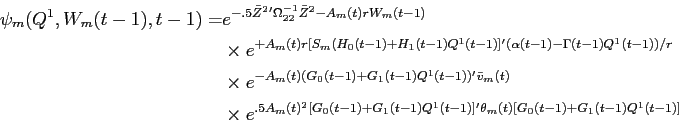 \begin{displaymath}\begin{split}\psi_{m}(Q^{1}, W_{m}(t-1),t-1) = & e^{-.5 \bar{Z}^{2}'\Omega_{22}^{-1} \bar{Z}^{2} -A_{m}(t) r W_{m}(t-1)} \\ & \times e^{+A_{m}(t) r [S_{m}(H_{0}(t-1) + H_{1}(t-1)Q^{1}(t-1)]'(\alpha(t-1) - \Gamma(t-1) Q^{1}(t-1))/r } \\ & \times e^{-A_{m}(t) (G_{0}(t-1) + G_{1}(t-1) Q^{1}(t-1))'\bar{v}_{m}(t)} \\ & \times e^{ .5 A_{m}(t)^{2} [G_{0}(t-1) + G_{1}(t-1) Q^{1}(t-1)]'\theta_{m}(t) [G_{0}(t-1) + G_{1}(t-1) Q^{1}(t-1)]} \end{split}\end{displaymath}