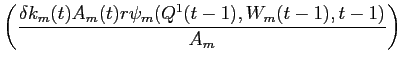 LaTex Encoded Math: \displaystyle \left (\frac{\delta k_{m}(t) A_{m}(t) r \psi_{m}(Q^{1}(t-1), W_{m}(t-1), t-1)}{A_{m}} \right )