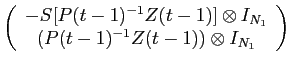 LaTex Encoded Math: \displaystyle \left ( \begin{array}{c}-S[P(t-1)^{-1} Z(t-1)] \otimes I_{N_{1}}\\ (P(t-1)^{-1} Z(t-1)) \otimes I_{N_{1}} \end{array} \right )