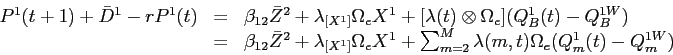 \begin{displaymath}\begin{array}{rcl} P^{1}(t+1) + \bar{D}^{1} - rP^{1}(t) & = & \beta_{12} \bar{Z}^{2} + \lambda_{[X^{1}]} \Omega_{e} X^{1} + [\lambda(t) \otimes \Omega_{e}] (Q^{1}_{B}(t) - Q^{1W}_{B}) \\ & = & \beta_{12} \bar{Z}^{2} + \lambda_{[X^{1}]} \Omega_{e} X^{1} + \sum_{m=2}^{M} \lambda(m,t) \Omega_{e} (Q^{1}_{m}(t) - Q^{1W}_{m}) \end{array}\end{displaymath}