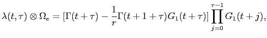 LaTex Encoded Math: \displaystyle \lambda(t,\tau) \otimes \Omega_{e} = [\Gamma(t+\tau) - \frac{1}{r}\Gamma(t+1+\tau)G_{1}(t+\tau) ] \prod_{j=0}^{\tau-1} G_{1}(t+j),