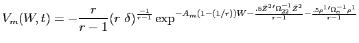 LaTex Encoded Math: \displaystyle V_{m}(W,t) = -\frac{r}{r-1}( r \ \delta)^{\frac{-1}{r-1}} \exp^{-A_{m}(1-(1/r))W - \frac{.5 \bar{Z}^{2}' \Omega_{22}^{-1} \bar{Z}^{2}}{r-1} - \frac{.5 \rho^{1}'\Omega_{e}^{-1} \rho^{1}}{r-1}} 