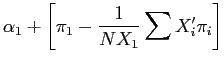LaTex Encoded Math: \displaystyle \alpha_{1} + \left [\pi_{1} - \frac{1}{N X_{1}} \sum X_{i}'\pi_{i} \right ]