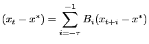 LaTex Encoded Math: \displaystyle (x_t- x^\ast)= \sum_{i=-\tau}^{-1} B_i (x_{t+i}-x^\ast)