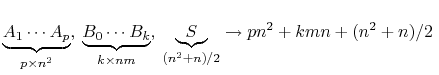 \displaystyle \underbrace{A_1\cdots A_p}_{p\times n^2}, \underbrace{B_0\cdots B_k}_{k\times nm}, \underbrace{S}_{(n^2+n)/2} \rightarrow pn^2 + kmn + (n^2+n)/2\ 