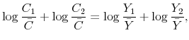 \displaystyle \log\frac{C_{1}}{\bar{C}}+\log\frac{C_{2}}{\bar{C}}=\log\frac{Y_{1}}{\bar{Y}% }+\log\frac{Y_{2}}{\bar{Y}},% 