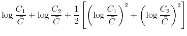 \displaystyle \log\frac{C_{1}}{\bar{C}}+\log\frac{C_{2}}{\bar{C}}+\frac{1}{2}\left[ \left( \log\frac{C_{1}}{\bar{C}}\right) ^{2}+\left( \log\frac{C_{2}}% {\bar{C}}\right) ^{2}\right]