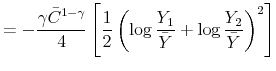 \displaystyle =-\frac{\gamma\bar{C}^{1-\gamma}}{4}\left[ \frac{1}{2}\left( \log\frac{Y_{1}}{\bar{Y}}+\log\frac{Y_{2}}{\bar{Y}}\right) ^{2}\right]